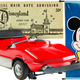 A collage of Disney memorabilia, including a vintage ticket, a red car once used on the Autopia ride, and a Mickey Mouse flag.